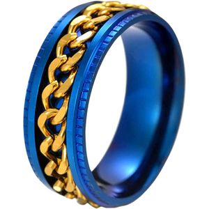 Anxiety Ring - (Ketting) - Stress Ring - Fidget Ring - Fidget Toys - Draaibare Ring - Angst Ring - Blauw-Goud - (16.00mm / maat 50)