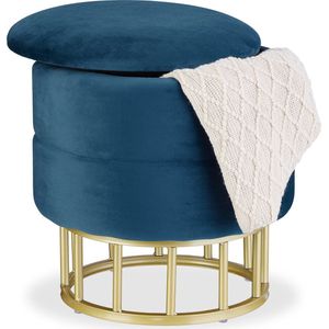 poef met opbergruimte - fluweel - 40x40 cm - deksel - blauw-goud