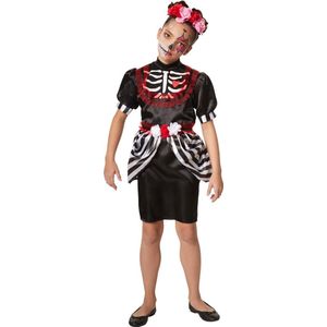 dressforfun - Griezelige skeletdame 128 (7-8y) - verkleedkleding kostuum halloween verkleden feestkleding carnavalskleding carnaval feestkledij partykleding - 301987