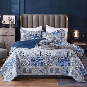 Sprei, 220 x 240 cm, blauwe bedsprei voor tweepersoonsbed, vintage stijl, gewatteerde zomerdeken met kussenset, van katoen en polyester, shabby chic