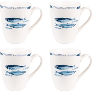 HAES DECO - Mokken set van 4 - formaat 12x9x11 cm / 330 ml - kleuren Wit / Blauw - Bedrukt met Vissen - Collectie: Fishy Blue - Mokkenset, Koffiemok, Koffiebeker