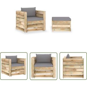 The Living Store Pallet Loungeset - Tafel/voetenbank - Eenpersoonsbank - Grenenhout - Grijs kussen