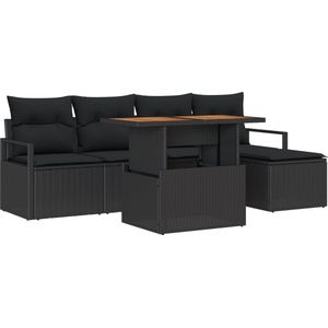 vidaXL - 6-delige - ligbed - set - met - kussens - zwart - wicker