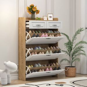 Ladekast met draaibare schoenenkast - bestaande uit drie grote kleppen en twee lades - houten schoenenkast - 80x23,5x125 cm