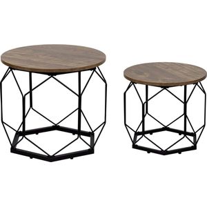 Huis-tuin online -Salontafel -set van 2 -industrieel -Bijzettafel -Metalen frame-Houten tafelblad -Zwart -Hout -Grote tafel: 50 x 45 x 50 cm - Kleine tafel;40x36x40