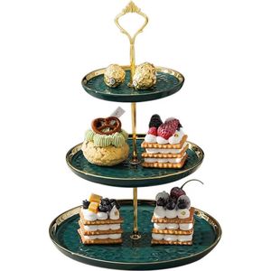 Cupcakestandaard, keramiek, taartstandaard met 3 lagen ingelegde gouden dieren, tafels, fruitborden voor salontafel, decoratie, cupcake en borden, dessert, standaard (groen)