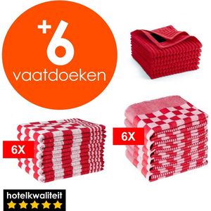 Zavelo 6x Theedoeken en 6x Keukendoeken Set + 6x VAATDOEKJES - Horeca Kwaliteit - 60 Graden Wasbaar - Rood