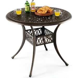 Tuintafel Met Paraplugat - Ronde Balkontafel Van Gegoten Aluminium - Weerbestendige Terrastafel Voor Tuin - Antieke Look - 90 X 90 X 74 Cm