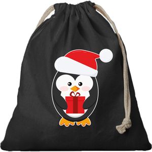 6x Kerst Pinguin cadeauzakje zwart met sluitkoord - katoenen / jute zak - Kerst cadeauverpakking zakjes