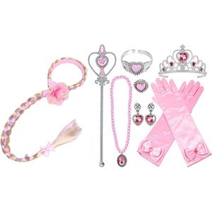 Het Betere Merk - Prinsessen verkleedkleding - Prinses speelgoed - Vlecht - Roze Handschoenen - Toverstaf - Tiara - Kroon - Speelgoed Meisjes