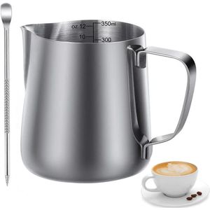Inovra ® 350 ml melkopschuimkannetje Latte Cup, 304 roestvrij staal, handzame opschuimkan, met maatstreep en Latte Art-pen, voor espresso, melkopschuimer, koffie, Latte Art, koffieliefhebber