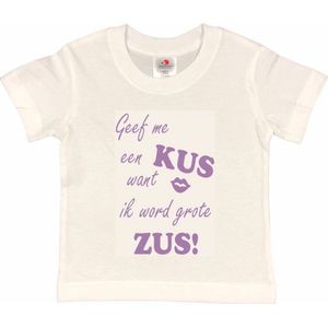 Shirt Aankondiging zwangerschap Geef me een KUS want ik word grote ZUS! | korte mouw | Wit/lila | maat 122/128 zwangerschap aankondiging bekendmaking