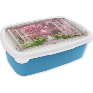 Broodtrommel Blauw - Lunchbox Japans - Sakura - Bloesem - Boom - Bloesem takken - Doorkijk - Brooddoos 18x12x6 cm - Brood lunch box - Broodtrommels voor kinderen en volwassenen