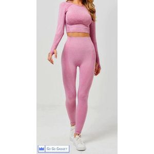 Sport outfit | high waist legging | crop top met lange mouw | naadloos | squatproof | roze | L