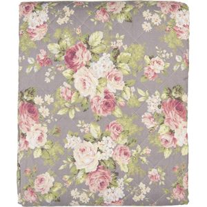 Clayre & Eef Bedsprei 2-persoons Grijs Groen Polyester Katoen Rechthoek Bloemen Sprei