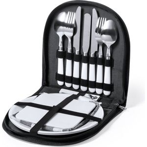 Picknick serviesset - Bestekset - Camping servies - Reisbestek - Met opbergetui - RVS - 13-delig - Zilver/wit