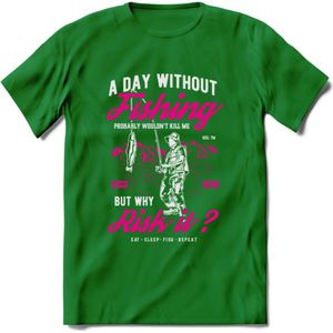 A Day Without Fishing - Vissen T-Shirt | Roze | Grappig Verjaardag Vis Hobby Cadeau Shirt | Dames - Heren - Unisex | Tshirt Hengelsport Kleding Kado - Donker Groen - XXL