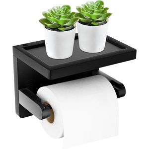 Toiletpapierhouder, zonder boren, met plank, wc-rolhouder, hout voor badkamer, toilet, multifunctionele opslag, wc-rolhouder (zwart)