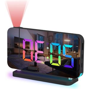 Wekker met projectie en USB-aangedreven nachtwekker - 74 inch led-display - Spiegelklok met 11 RGB-kleuren - Digitaal display - Helderheidsinstelling - Sluimerfunctie - 12/24 uur