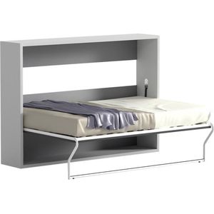 Vente-unique Opklapbaar bed 140 x 200 cm - Horizontale handmatige opening - Wit en grijs - MALINA II L 208 cm x H 154 cm x D 159 cm