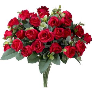4 bundels kunstmatige rode rozenboeketten kunstmatige mini zijden rozen met eucalyptusbladeren stengels voor buiten groene decoratie voor bruiloft thuiskantoor
