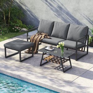 Tuin loungeset - Hoekbank + salontafel + hocker - Gegalvaniseerde stalen buis - Glazen blad - Grijs