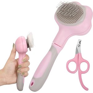 Belle Vous Pink Pet Grooming Set - Self-Cleaning Shedding Brush and Nail Clippers for Long/Short-Haired Cats & Dogs - Removes Loose Undercoat/Tangles
