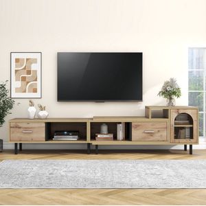 Uitbreidbaar TV-meubel in houtlook - 4 vakken, 2 laden, glazen deur, variabel lengtebereik 200cm-278cm