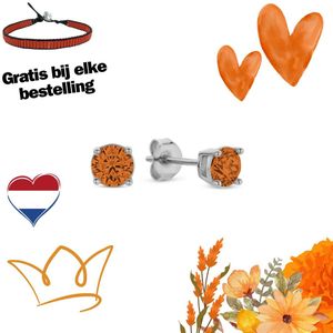 New Bling 9NB-1163 Zilveren Oorknopjes met Zirkonia Steentje 4mm - Koningsdag - Oranje - Rhodium - Zilver