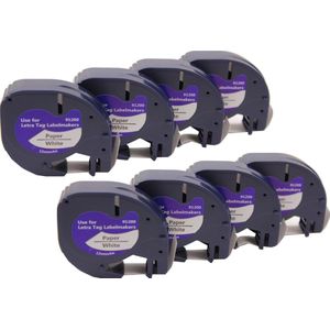 KATRIZ® huismerk label tape voor Dymo 91200 | DYMO LETRATAG LetraTag 100H/LetraTag 100T/LetraTag 2000/LetraTag QX54 |  Zwart op Wit | 12mm*4m | 8 stuks