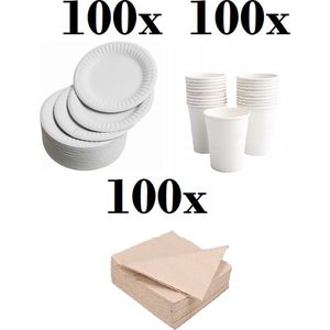 100 witte kartonnen borden 23cm FSC® + 100 witte kartonnen bekers 240ml + 100 bio servetten 33x33cm Ecolabel- Wegwerp servies - Feest/verjaardag/BBQ/Picknick bordjes - set bio/eco/ Biologisch afbreekbaar- Duurzaam - Milieuvriendelijk