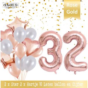 Cijfer Ballon 32 Jaar Rose Gold Pearl Boeket * Hoera 32 Jaar Verjaardag Decoratie Set van 15 Ballonnen * 80 cm Verjaardag Nummer Ballon * Snoes * Verjaardag Versiering * Kinderfeestje * Château Rose* Nummer Ballon 32 * Rose