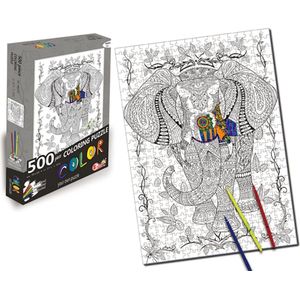 Doodle Legpuzzel ’Olifant’  Puzzel 500 Stukjes Volwassenen en Kinderen - Zwart/Wit - Inkleuren - Schilder Op Nummer - Hobby Speelgoed - Dieren - Legpuzzels Volwassenen Kinderen - 50*70 CM