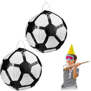 Relaxdays 2 x pinata voetbal - piñata zonder vulling - voetbal pinata - rond - zwart-wit