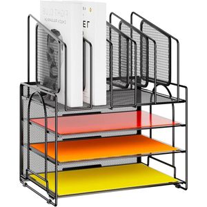 Bureau Organizer met 4 Lades en Opberglade – Met 2 Pennenhouders en Verticaal Bestandenrek – Metaalgaas Papier Organizer – Bureau Opbergsysteem – Documentenhouder – Briefpapier Organizer – Home Office Accessoires – Zwart Verticale Stand