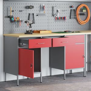 vidaXL - 3-delige - Werk - kabinet - en - Tafel - Set - Rood - Geengineerd - Hout - & - Staal