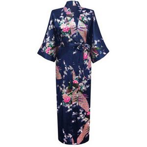 KIMU® Kimono Donkerblauw Maxi - Maat M-L - Yukata Satijn Lang - Lange Donkerblauwe Ochtendjas Japanse Kamerjas Sexy Satijnen Badjas Geisha Vogels Jurk Festival