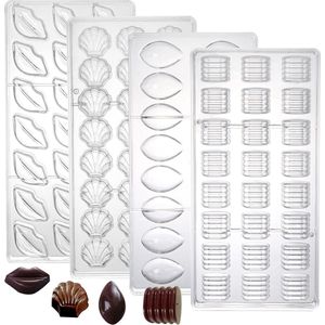 Set van 4 kunststof chocoladevormen in levensmiddelenkwaliteit, heldere 3D-snoepvorm, pc-vorm, fondant, geleivorm om te bakken, DIY, olijven, lippen, schalen, schroefdraadcilinder gevormd