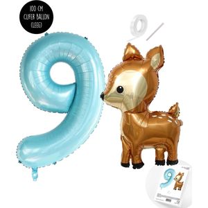Snoes - Bambi Basis ballon set XXL Cijferballon Baby Blue 9 - Lief Hert + Cijfer Ballon 9 Jaar - Helium Geschikt
