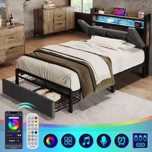 KOMHTOM Bed met laden Gestoffeerd bed met oplaadfunctie USB Type C Eenpersoonsbed 90x200 cm met metalen lattenbodem Grijs