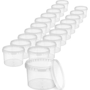 Emmer met deksel, 0,5 l, transparant, 20 x 0,5 liter, geschikt voor levensmiddelen, stabiel, luchtdicht, lekvrij, geurneutraal, bewaardoos van kunststof, leeg