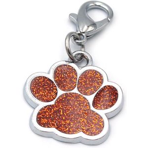 Sleutelhanger of halsbandhanger 25x25 mm met hondenpootje oranje glitter met karabijnslotje