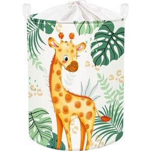 Wasmand voor jongens en meisjes, bosdieren, giraffe, palmblad, grote groene kleding, speelgoedopslag met deksel voor kinderkamer, 40 x 50 cm, 63 liter