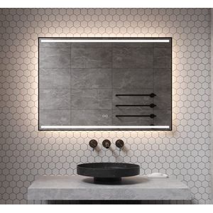 Badkamerspiegel met directe en indirecte verlichting, verwarming, instelbare lichtkleur, dimfunctie en mat zwart frame 100x70 cm