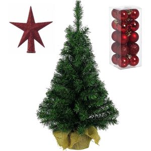Volle kunst kerstboom 35 cm in jute zak met rode versiering 21-delig - Kerstdecoratie set