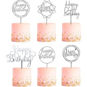 Cake Topper Happy Birthday Versiering Taarttopper Decoratie Zilver Verjaardag Versiering Feest Versiering – 6 Stuks