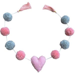Luna-Leena duurzame hart mini slinger - pink/grey - L75cm - 100% wol pompom 3ø cm - handgemaakt in Nepal, roze, grijs, party slinger, heart, love, trouwerij, garland, feest, verjaardag, afscheid, geboorte, babyshower, kado, cadeau - valentijn