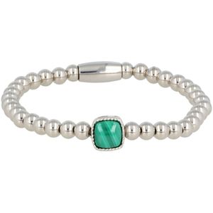 *Zilverkleurige elastische bedelarmband met Malachite steen - Zilverkleurige armband met Malachite steen - Met luxe cadeauverpakking