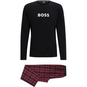 Hugo Boss Easy Long Set Heren Pyjamaset - Zwart/Donkerrood Geruit - Maat L