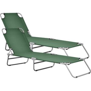 In And OutdoorMatch Ligbed Jany - Ligbed - Set van 2 - 186x55x24 cm - Donkergroen en Zilver - Staal en Stof - Opvouwbaar en Ruimtebesparend